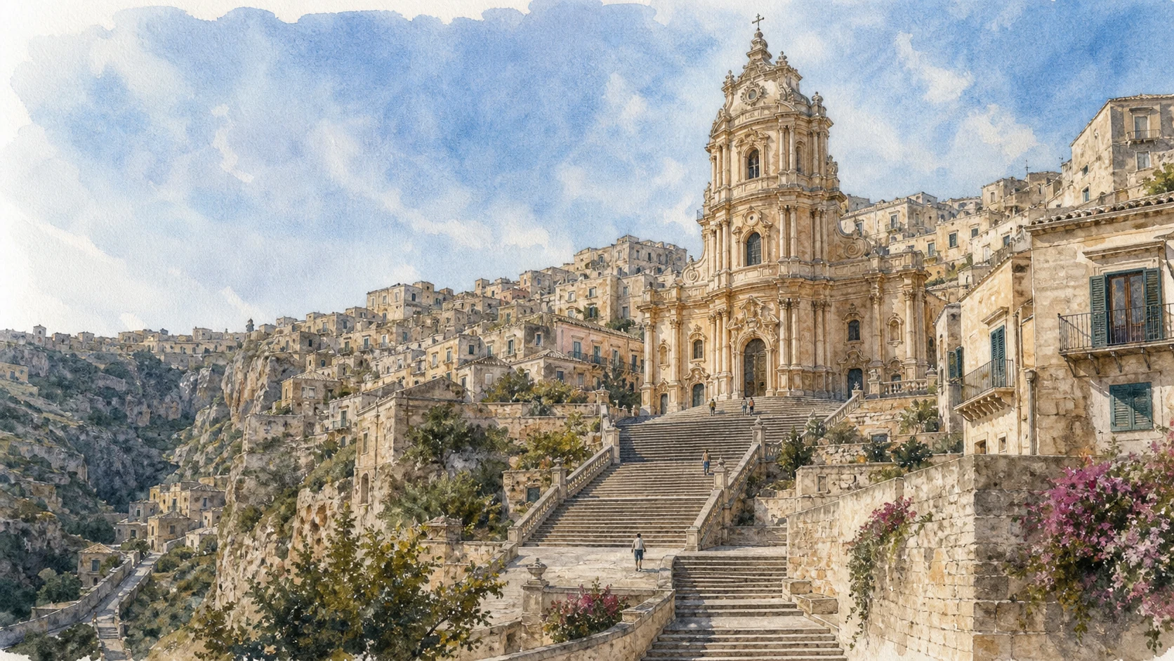 Documentary watercolour of the Duomo of San Giorgio in Modica above its long divided staircase and the houses climbing the surrounding slope