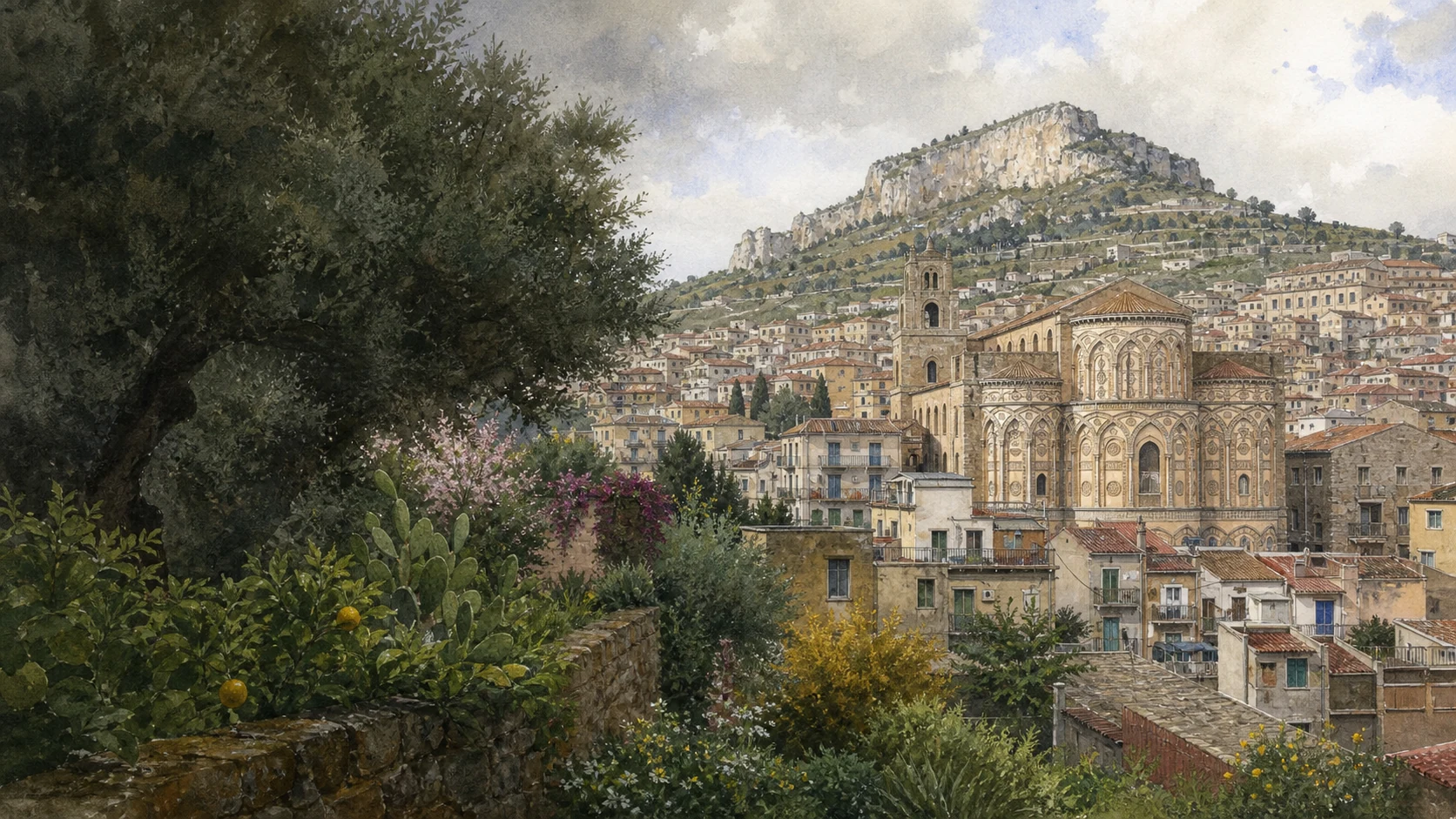 Documentary watercolour of Monreale Cathedral on its hill above the Conca d'Oro, with the decorated apses, ordinary town roofs, citrus gardens and Monte Caputo