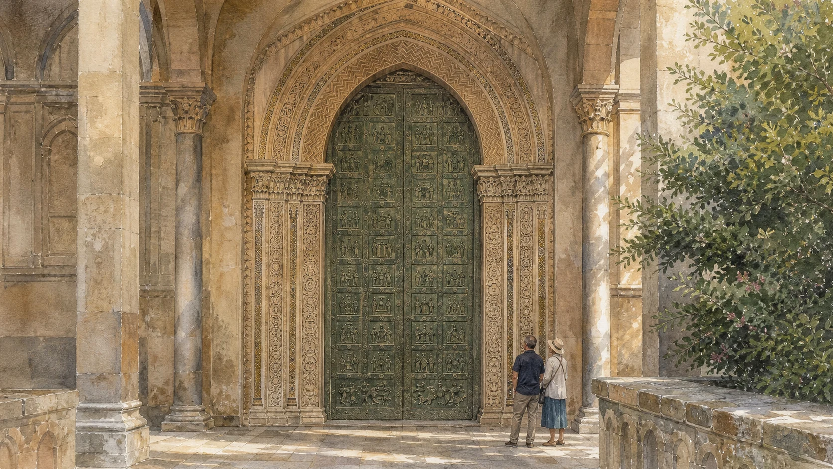 Documentary watercolour of Bonanno of Pisa's tall green-brown bronze door at Monreale with many small relief panels beneath the warm stone pointed portal
