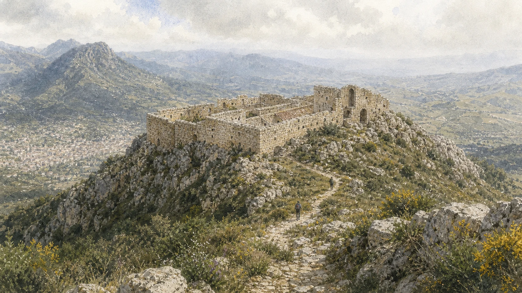 Documentary watercolour of the low ruined Castellaccio fortified monastery on Monte Caputo with rough limestone walls, ascent path and the Conca d'Oro far below