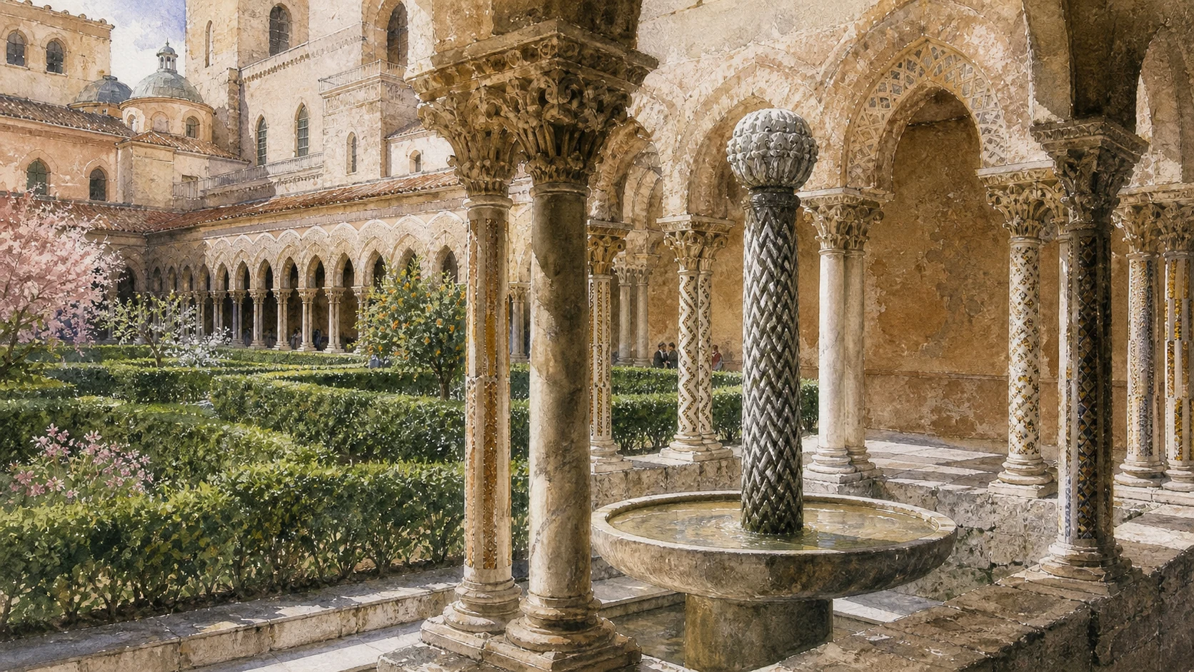 Documentary watercolour of Monreale's cloister fountain corner with paired mosaic-inlaid columns, carved capitals, circular basin and green monastic garden