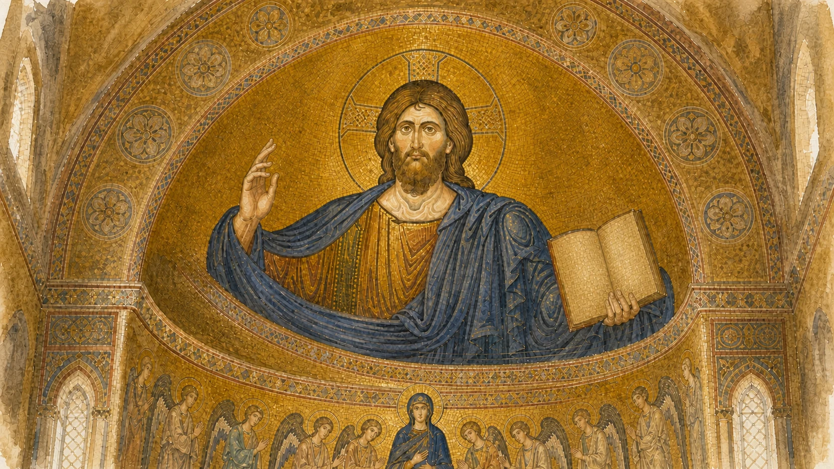 Documentary watercolour of Monreale's monumental Christ Pantocrator on gold tesserae with blessing hand, open unlettered book and the smaller Virgin-and-angels register below