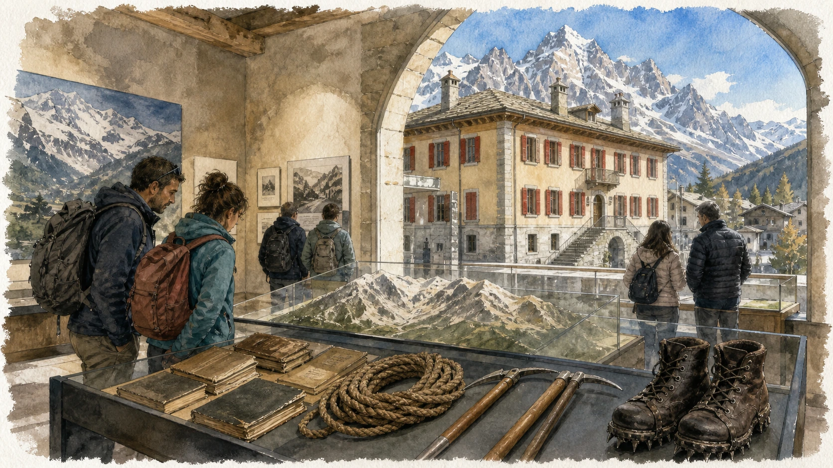 Documentary watercolour of Courmayeur's historic Casa delle Guide with museum guide books, rope and early mountaineering equipment