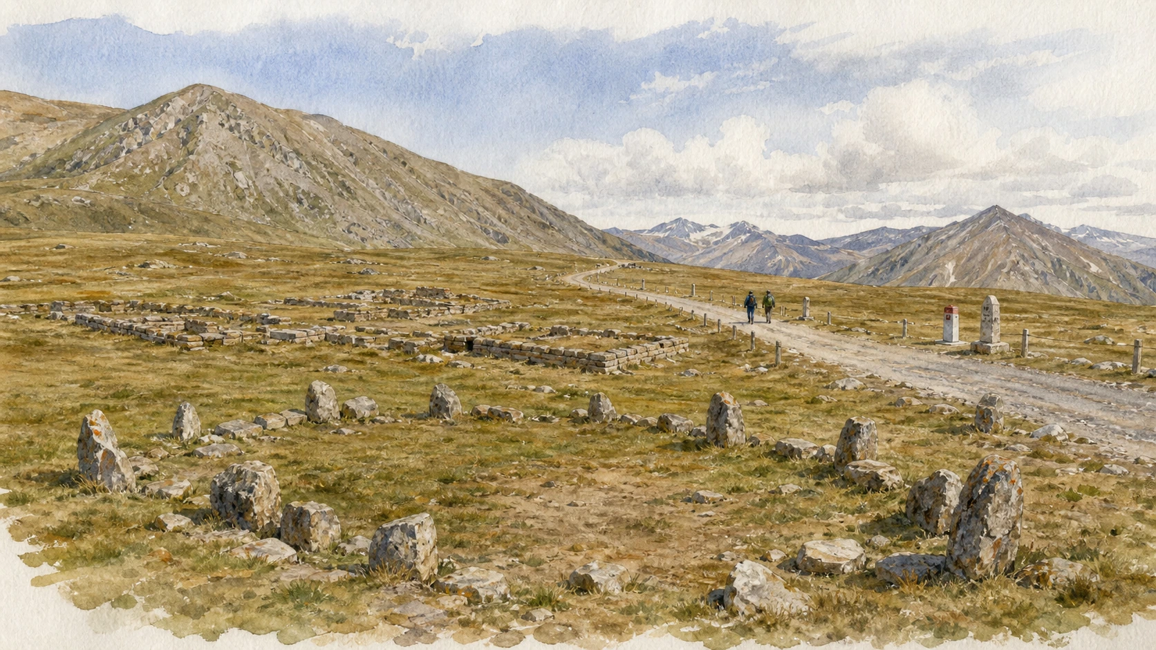 Documentary watercolour of the Little Saint Bernard pass plateau with cromlech stones, low Roman remains, old road and distant Alpine slopes