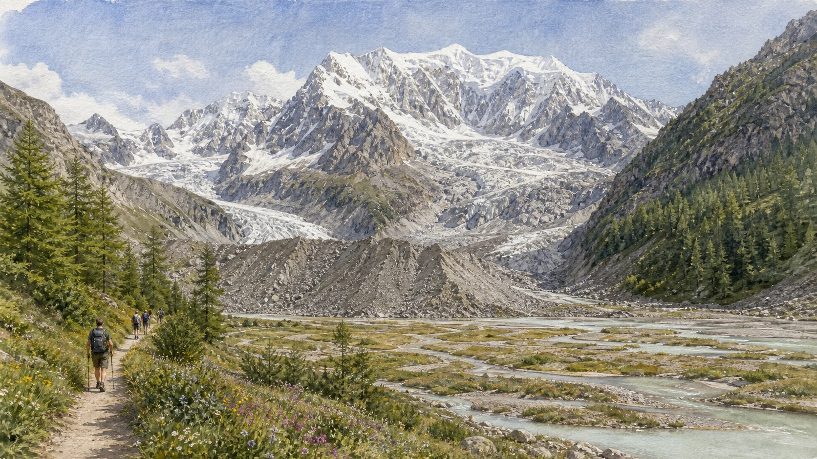 Documentary watercolour of Val Veny with Combal wetland, the Miage moraine, debris-covered glacier and Mont Blanc peaks beyond
