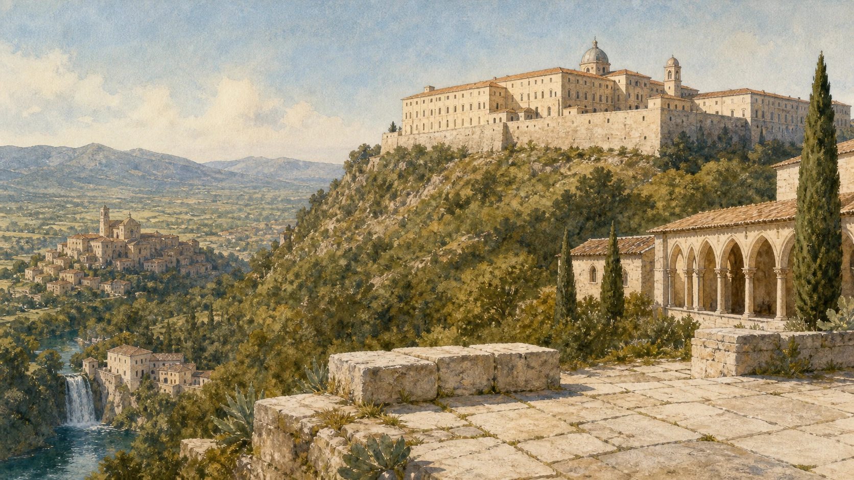 Original documentary watercolour panorama of Monte Cassino and Ciociaria joining the rebuilt abbey, Liri valley, polygonal walls, medieval monasteries and the waterfall at Isola del Liri
