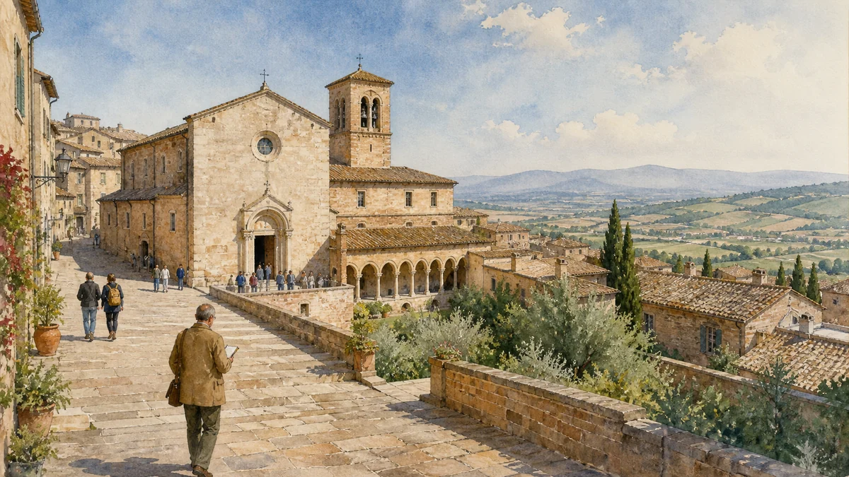 Original documentary watercolour showing Benozzo Gozzoli's Franciscan cycle in its Montefalco urban or landscape context
