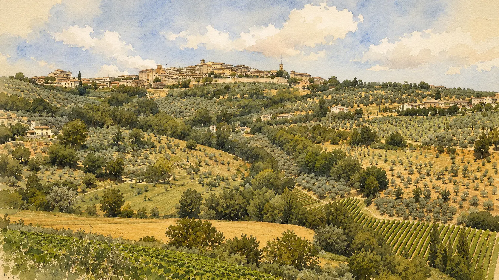 Documentary watercolour panorama of Montefalco among vineyards with the Umbrian valley beyond