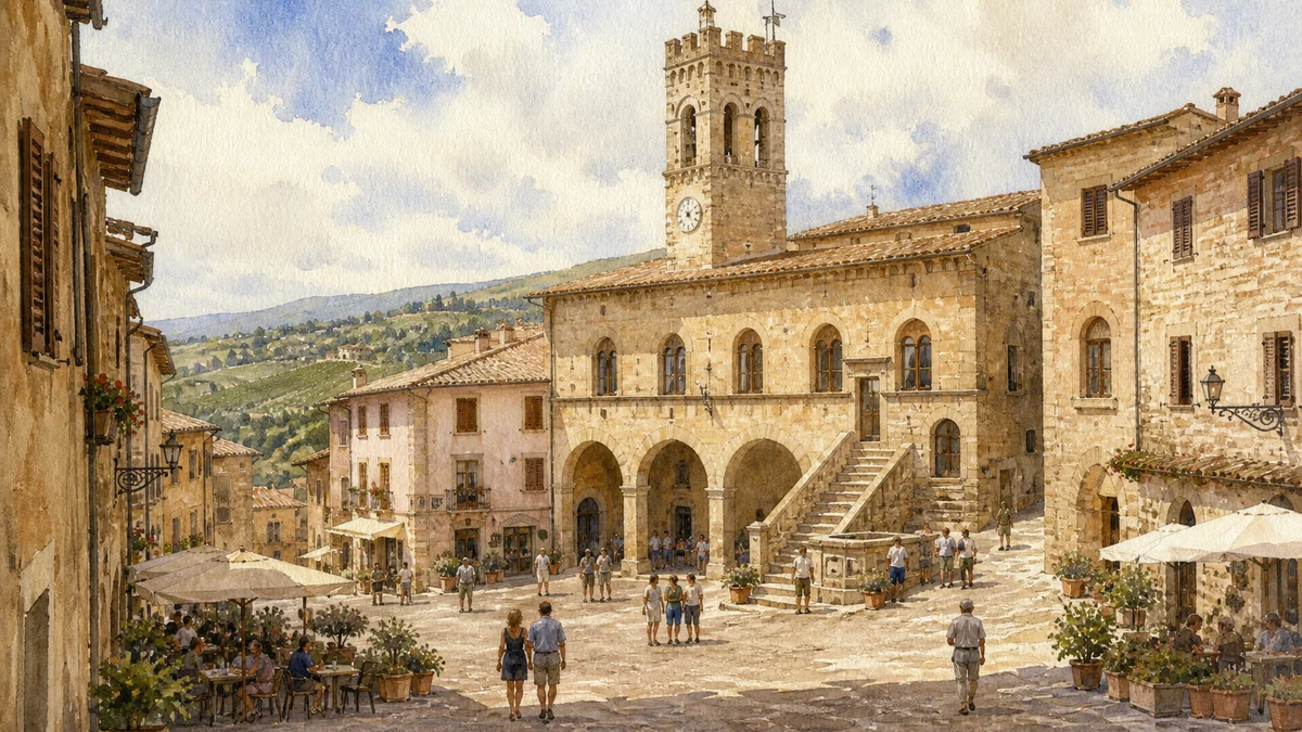 Original documentary watercolour showing Piazza del Comune in its Montefalco urban or landscape context
