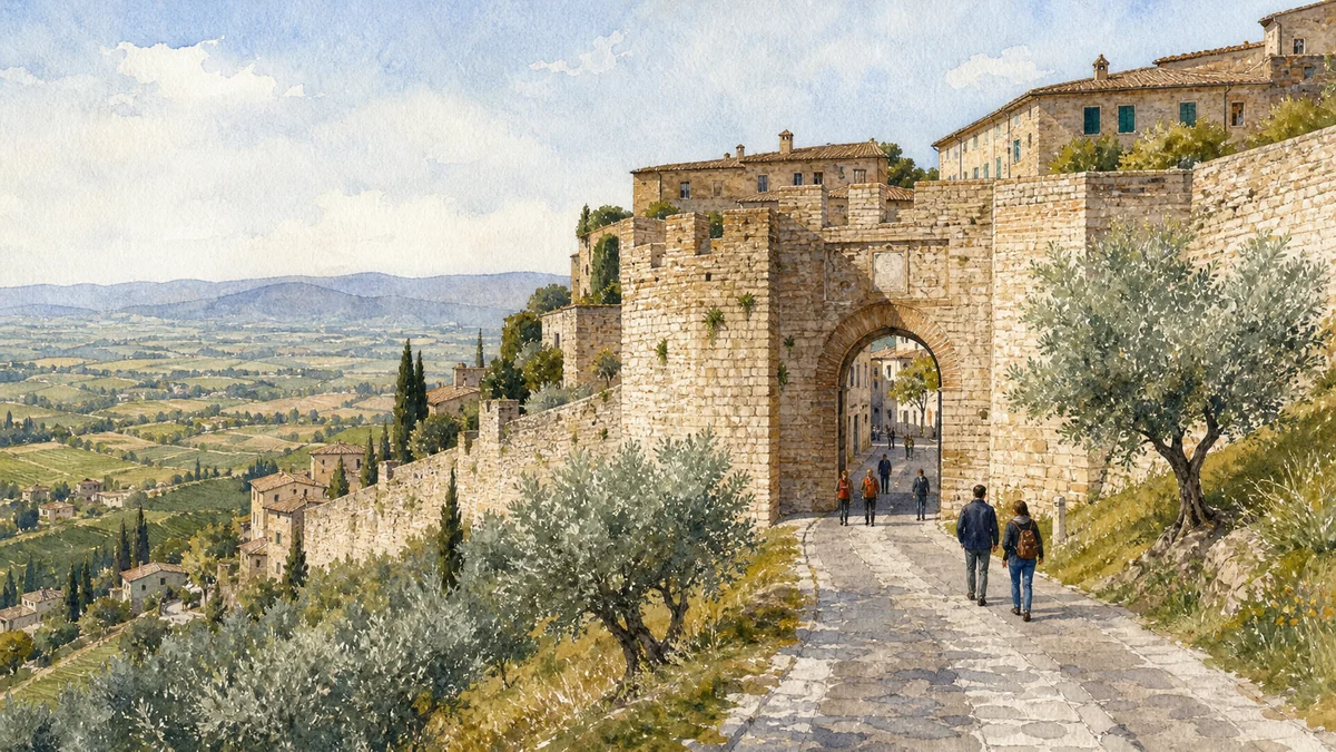 Original documentary watercolour showing Walls and Porta Federico II in its Montefalco urban or landscape context