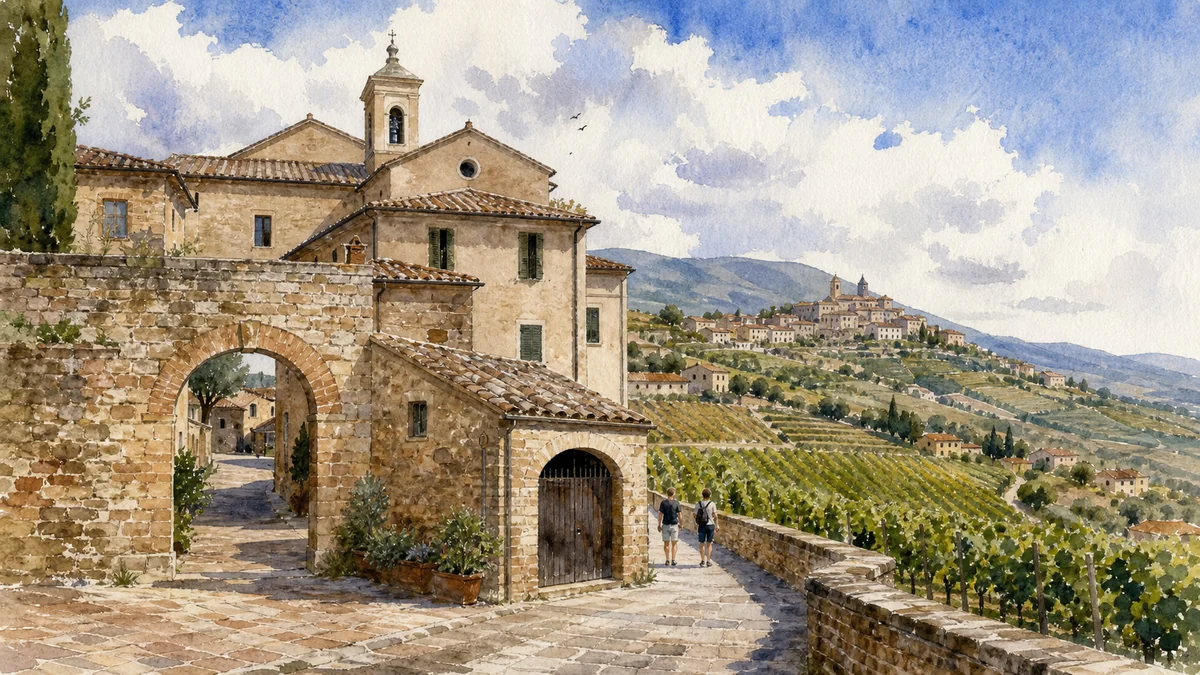 Original documentary watercolour showing Sagrantino Museum and historic cellars in its Montefalco urban or landscape context