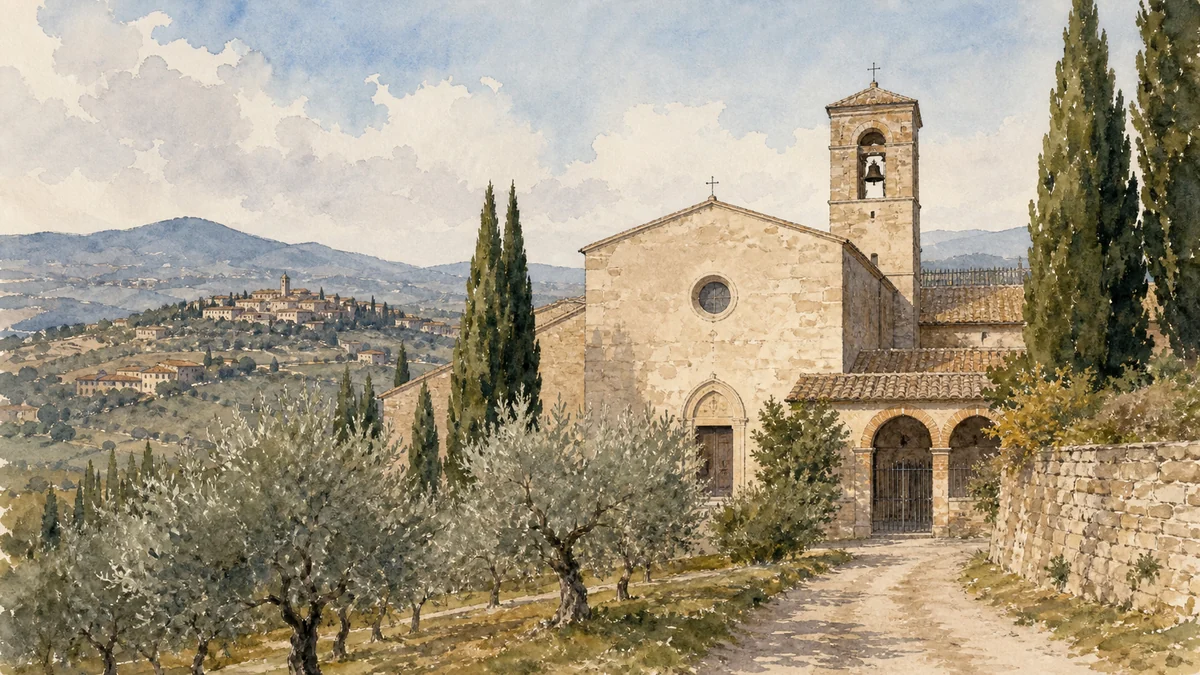 Original documentary watercolour showing Church of San Fortunato in its Montefalco urban or landscape context