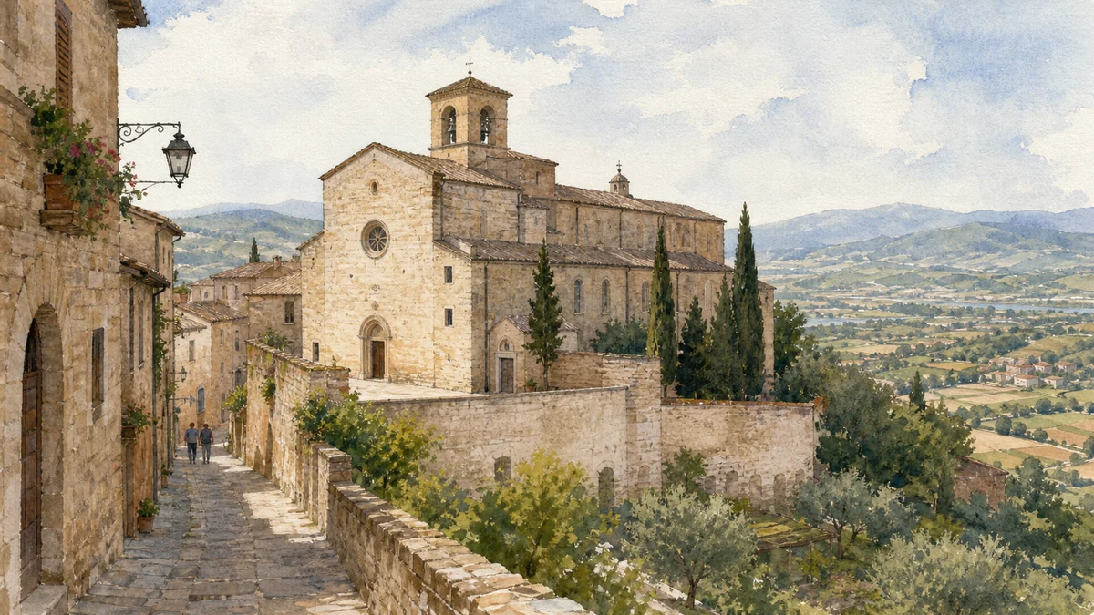 Original documentary watercolour showing Museum Complex of San Francesco in its Montefalco urban or landscape context
