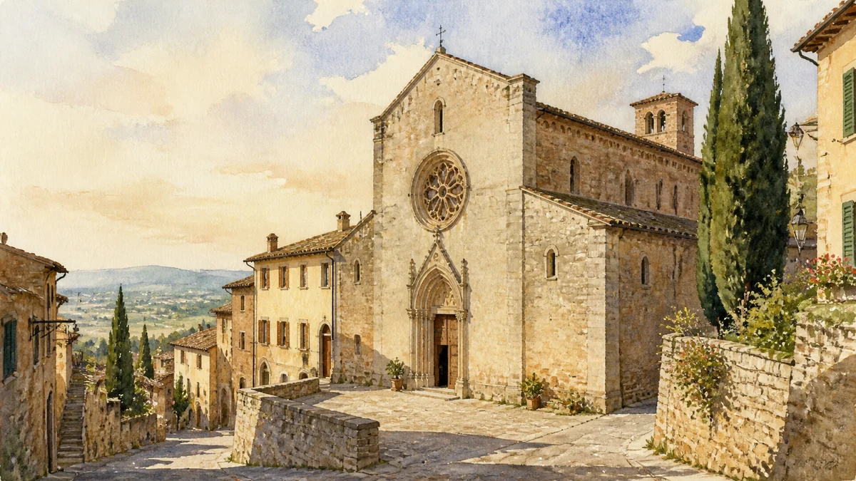 Original documentary watercolour showing Church of Sant'Agostino in its Montefalco urban or landscape context