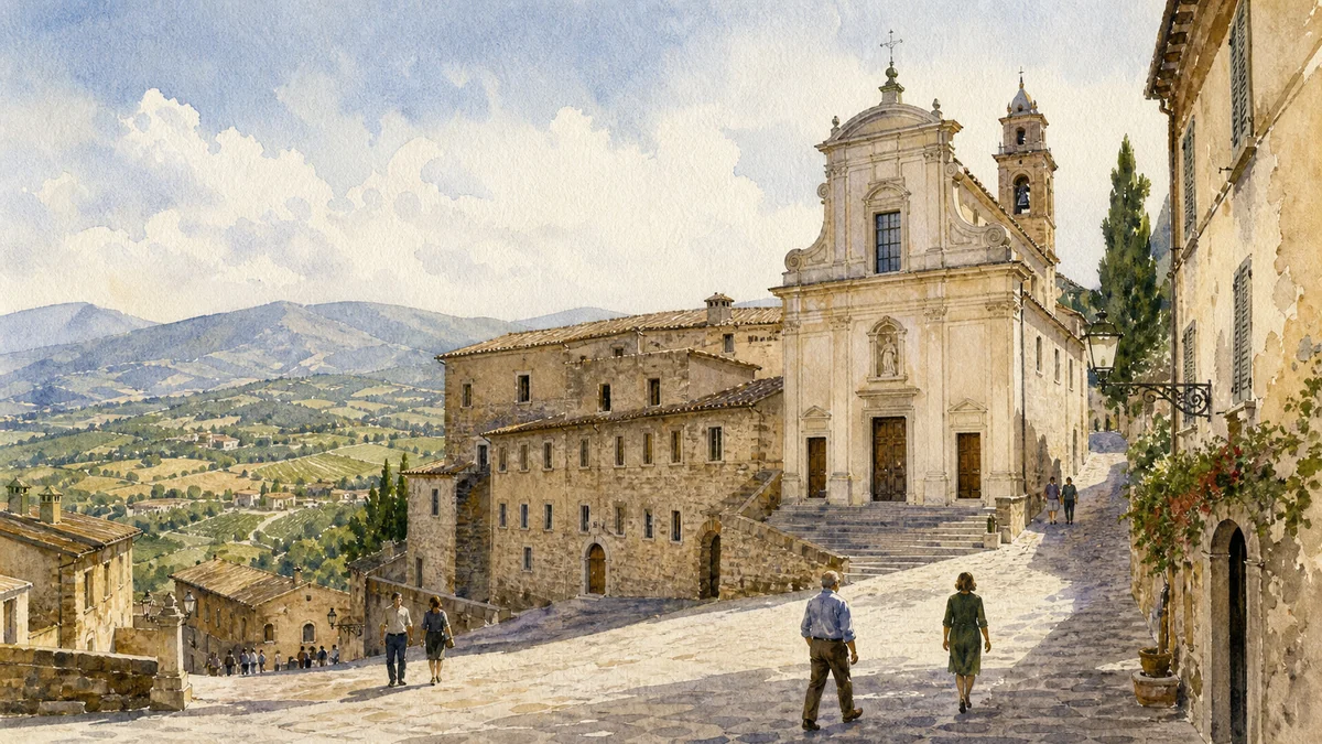 Original documentary watercolour showing Sanctuary of Santa Chiara della Croce in its Montefalco urban or landscape context