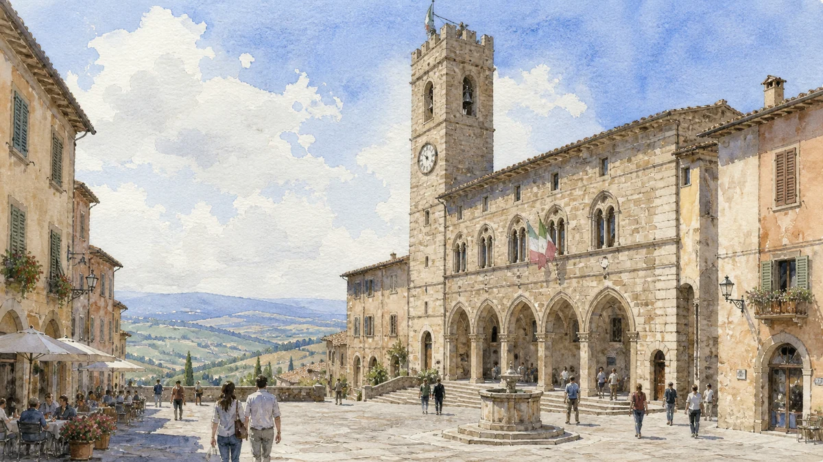 Original documentary watercolour showing Town Hall and civic tower in its Montefalco urban or landscape context