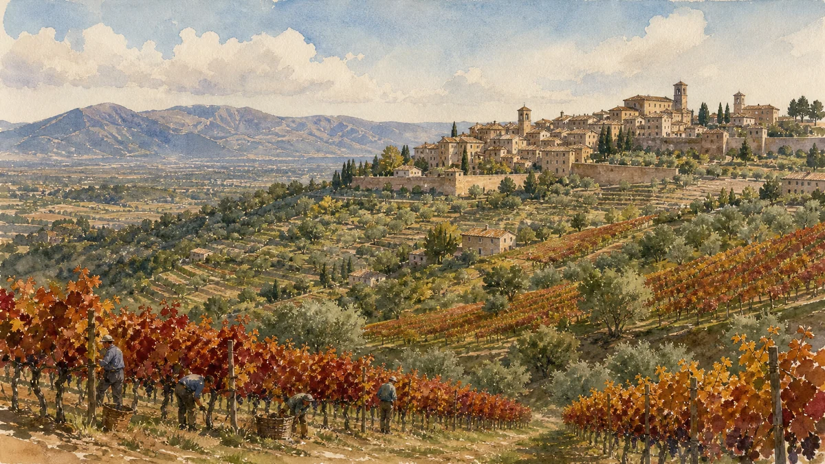 Original documentary watercolour showing Sagrantino vineyards and panoramic landscape in its Montefalco urban or landscape context