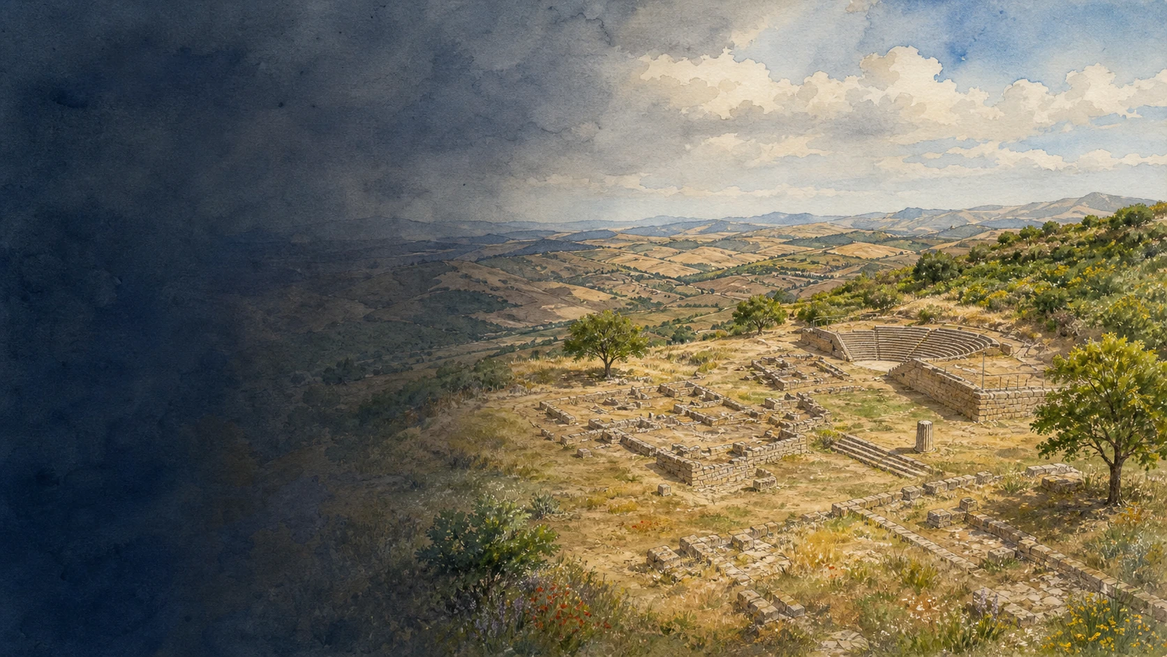 Documentary watercolour of Morgantina's lower agora, theatre, assembly steps and green Erei landscape