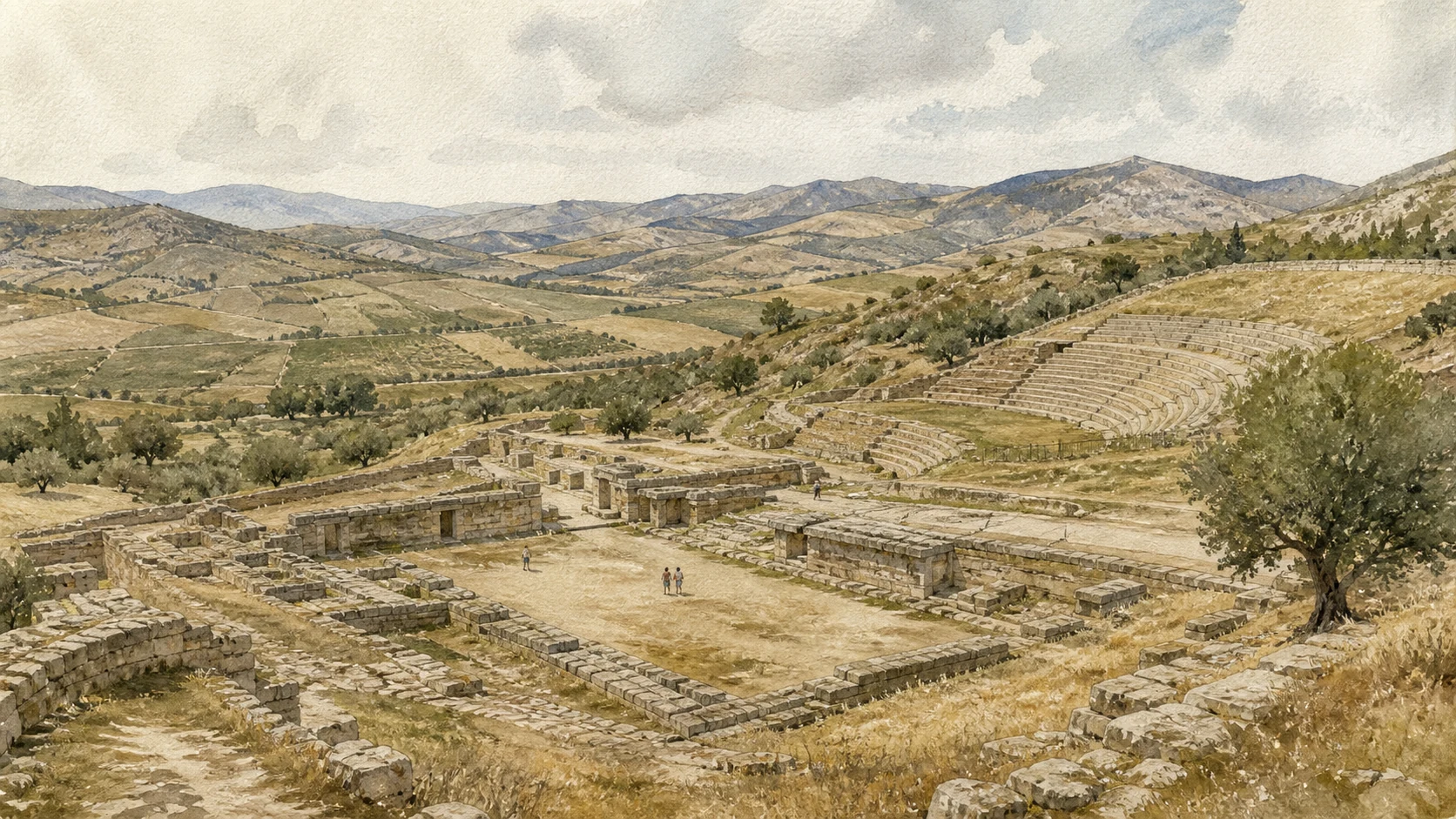 Documentary watercolour of Morgantina's lower agora, stepped Ekklesiasterion and Greek theatre within the Serra Orlando inland landscape