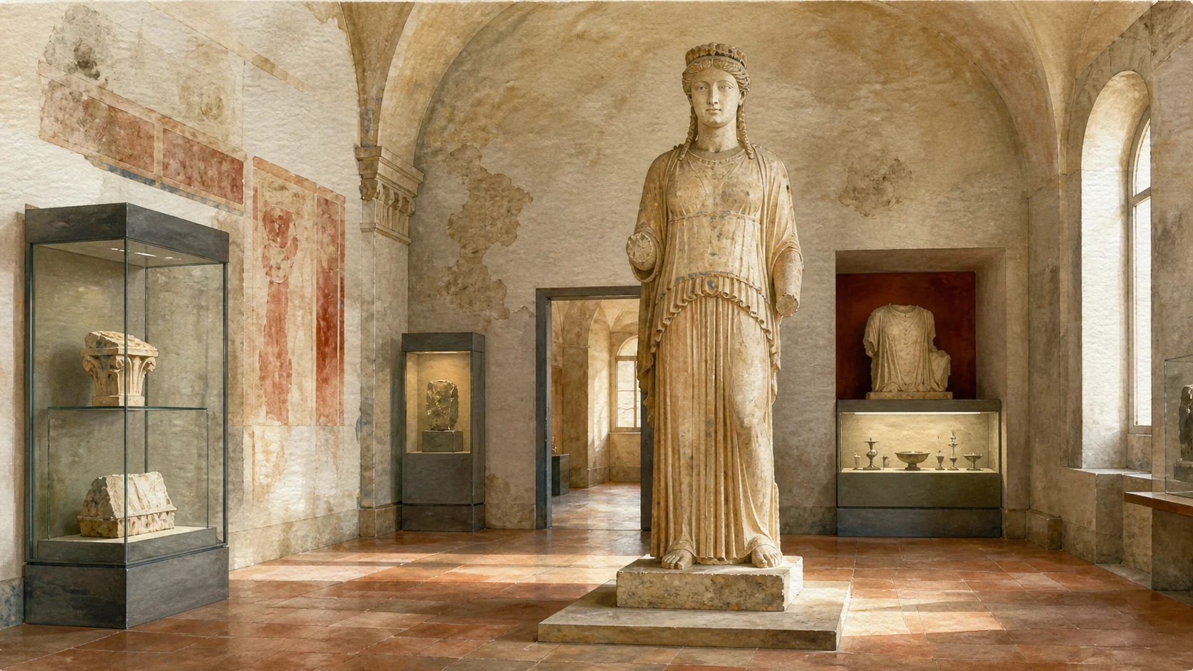 Documentary watercolour of the Goddess of Morgantina displayed in the Aidone Archaeological Museum with restrained cases of returned finds