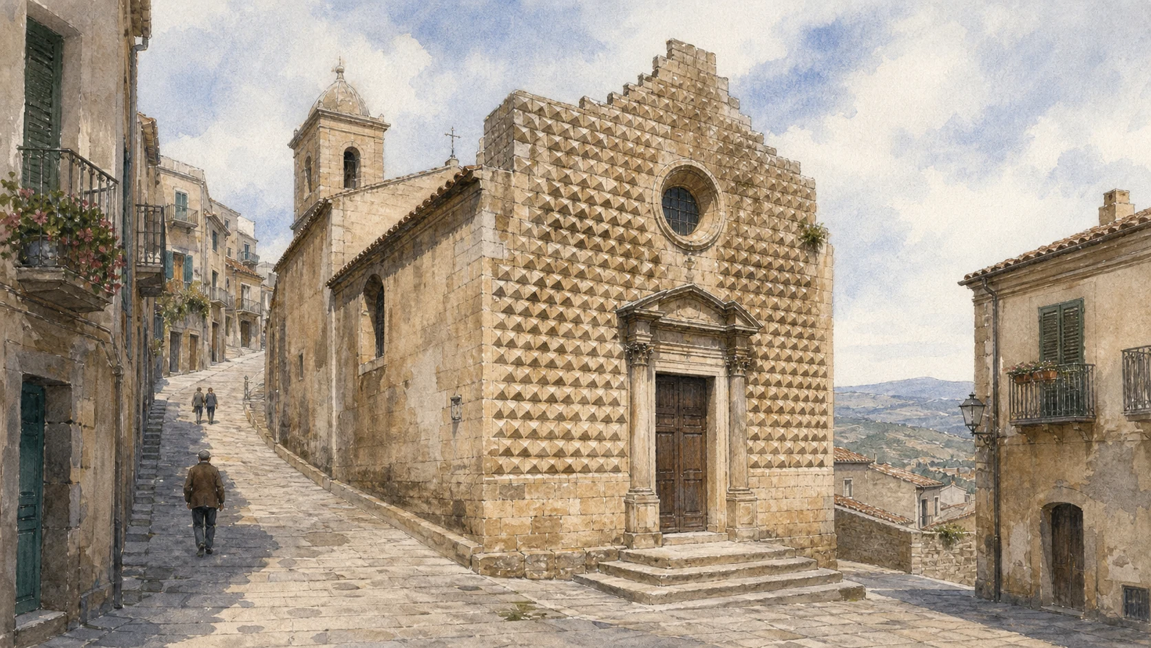 Documentary watercolour of San Domenico in Aidone with its diamond-point stone façade, sloping street and inland landscape