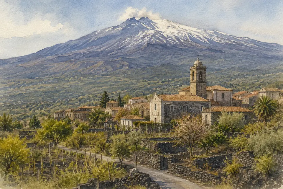 Watercolour view of a lava-stone village, orchards and vineyards on the inhabited slopes of Mount Etna