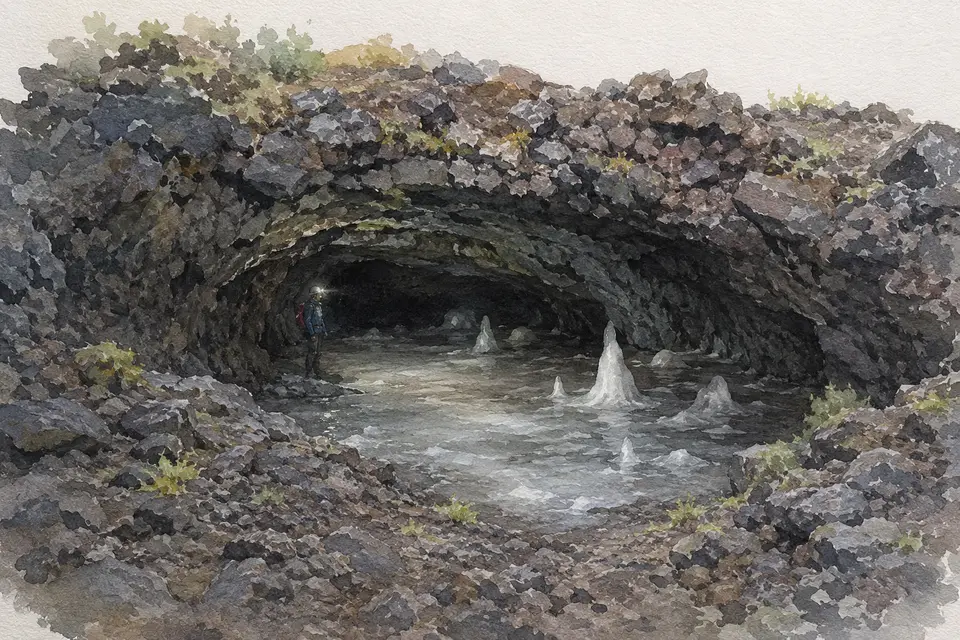 Watercolour view into a low lava tube with perennial ice at Grotta del Gelo