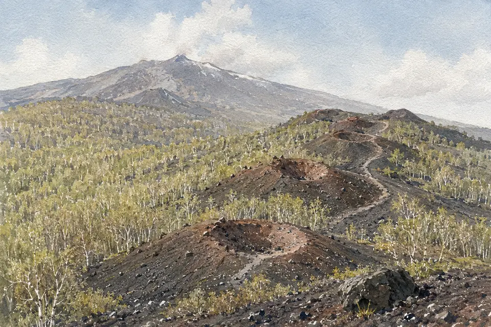 Watercolour view of the aligned Monti Sartorius craters among Etna birch woods