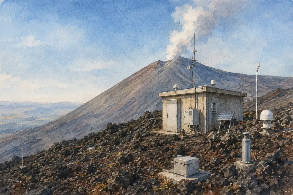 Watercolour view of a Mount Etna monitoring station and instruments on the lava slope