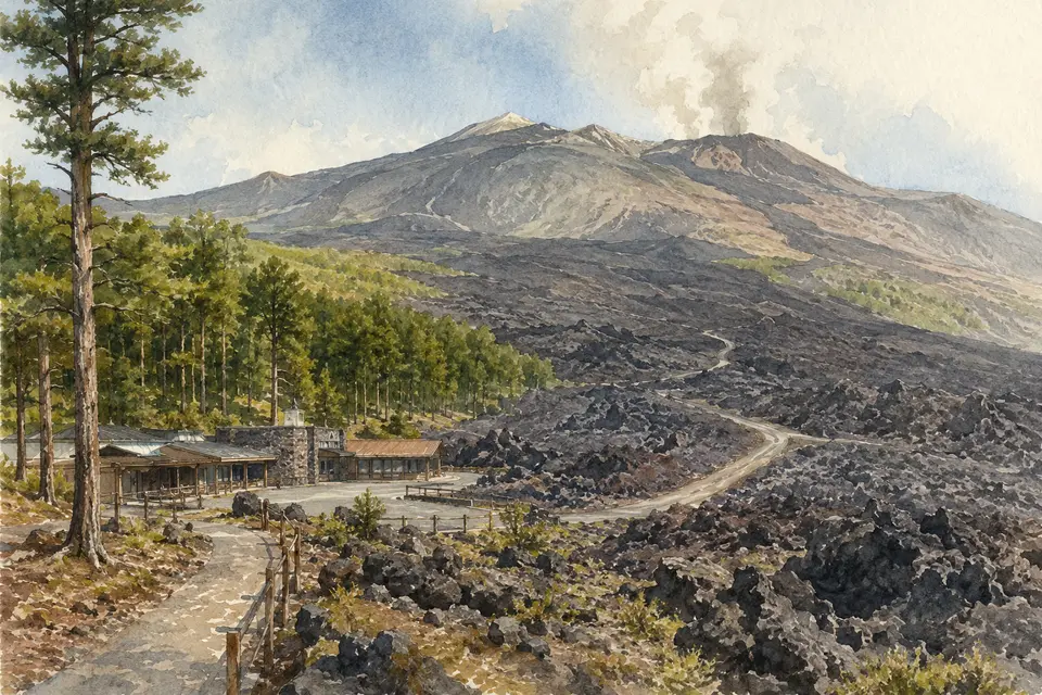 Watercolour view of Piano Provenzana, birch woodland and the northern lava fields