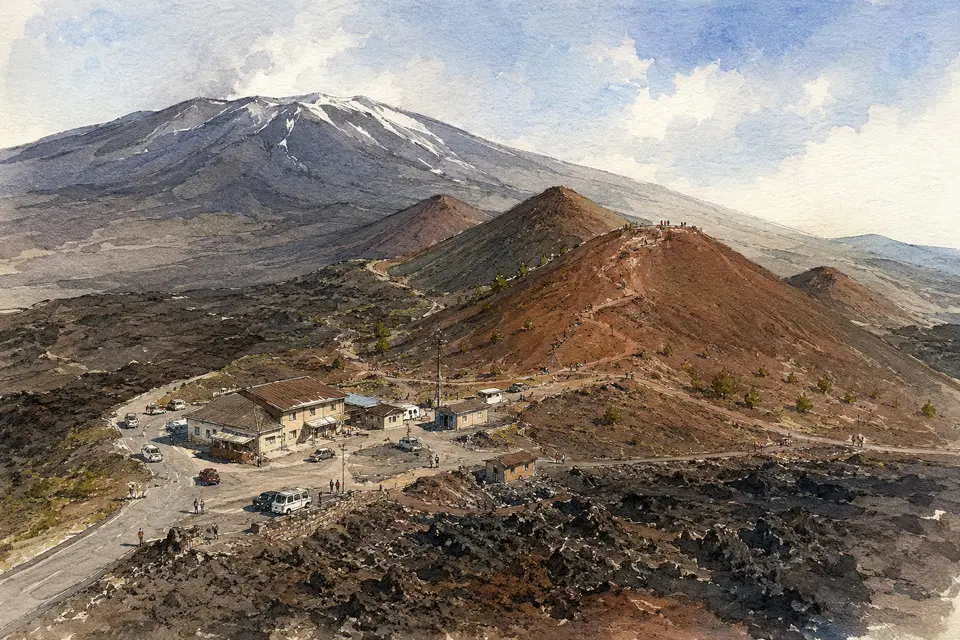 Watercolour view of Rifugio Sapienza and the red-brown Monti Silvestri craters