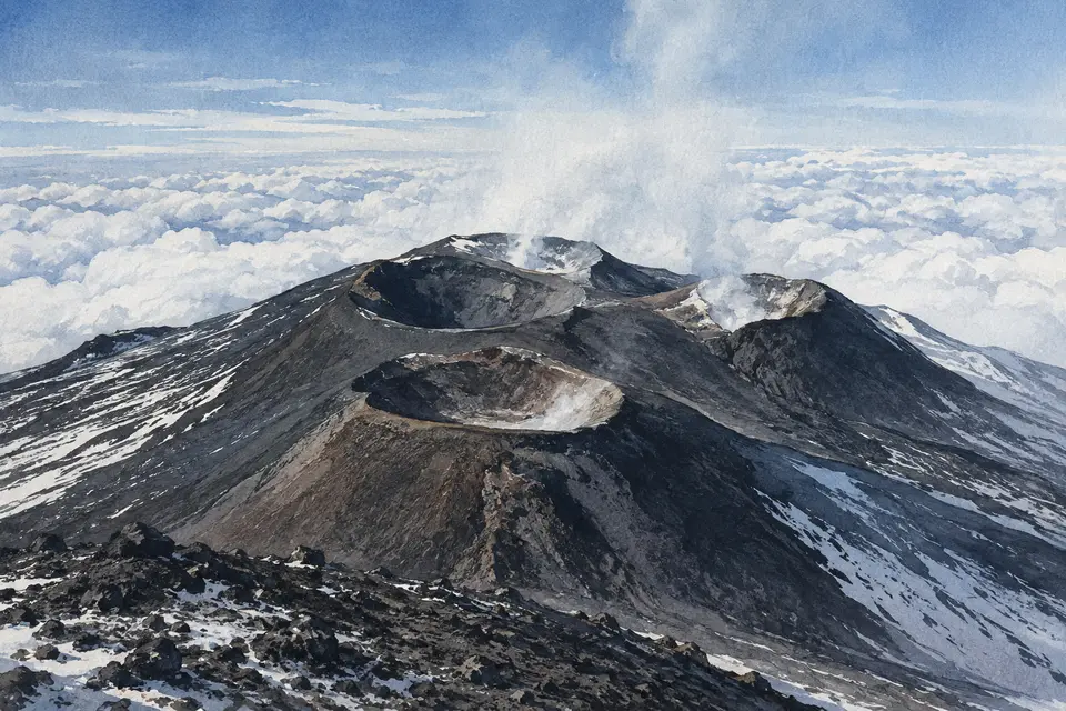 Watercolour view of the summit crater system of Mount Etna above the clouds