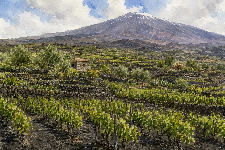 Watercolour view of vineyards and orchards on dry-stone lava terraces beneath Mount Etna