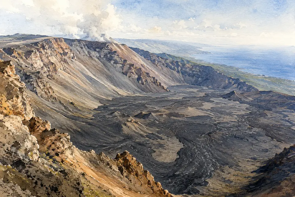 Watercolour panorama across the lava floor and steep walls of Valle del Bove