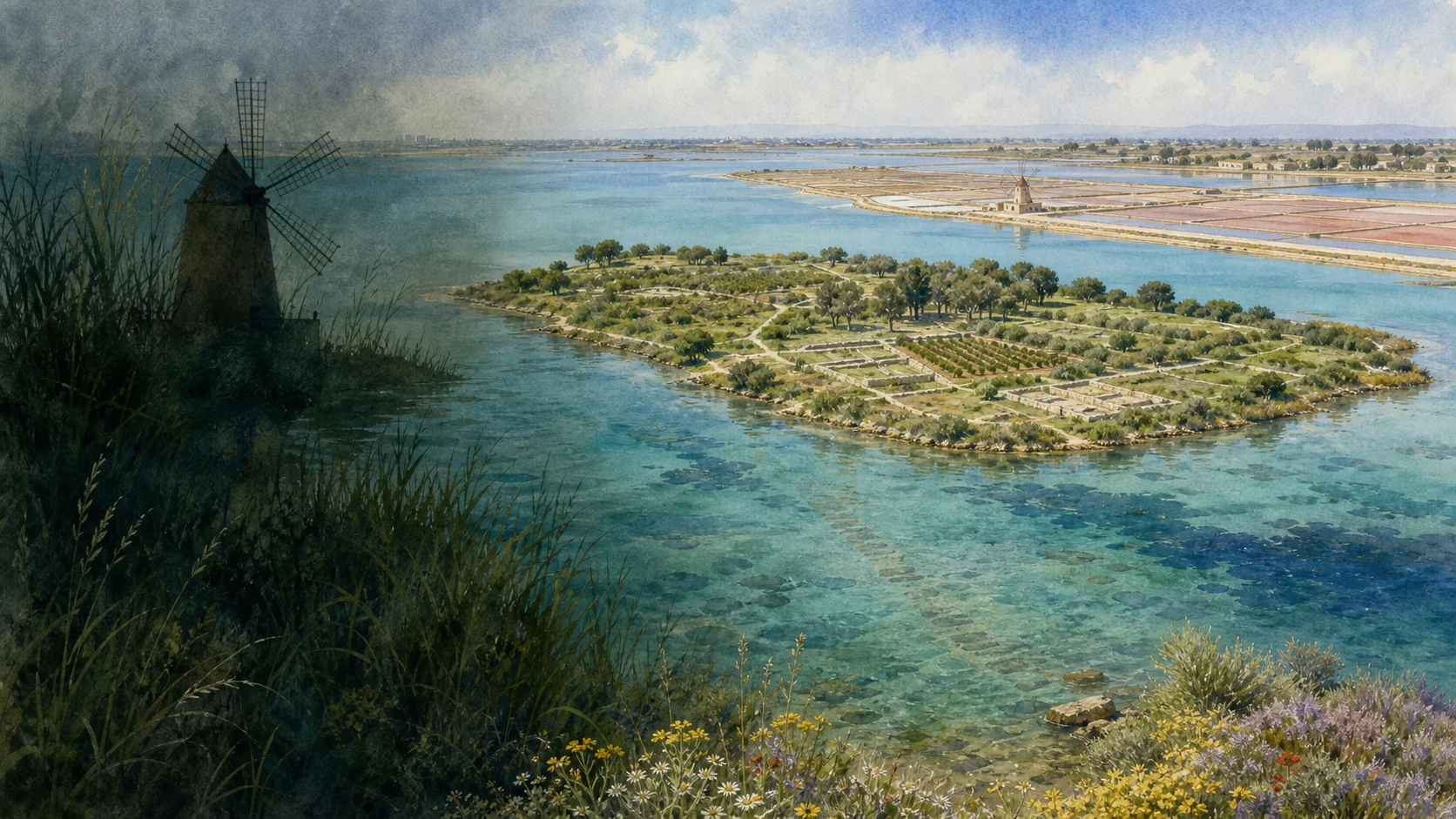 Documentary watercolour of Mozia in the shallow Stagnone lagoon, archaeological walls, salt pans, windmill and western Sicilian light