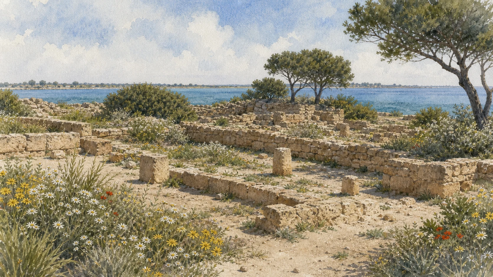 Documentary watercolour of low limestone foundations and short column fragments among spring flowers on Mozia with the shallow blue-green Stagnone beyond