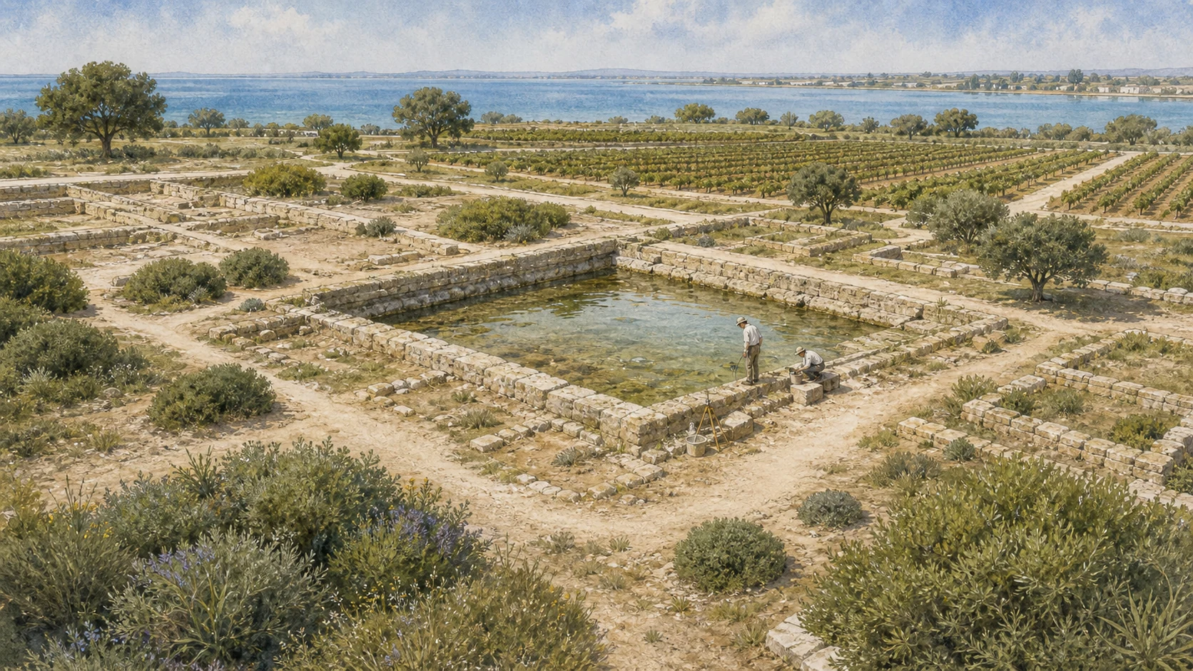 Documentary watercolour of Mozia's low rectangular Kothon sacred pool within excavated stone foundations, vineyards and the Stagnone landscape