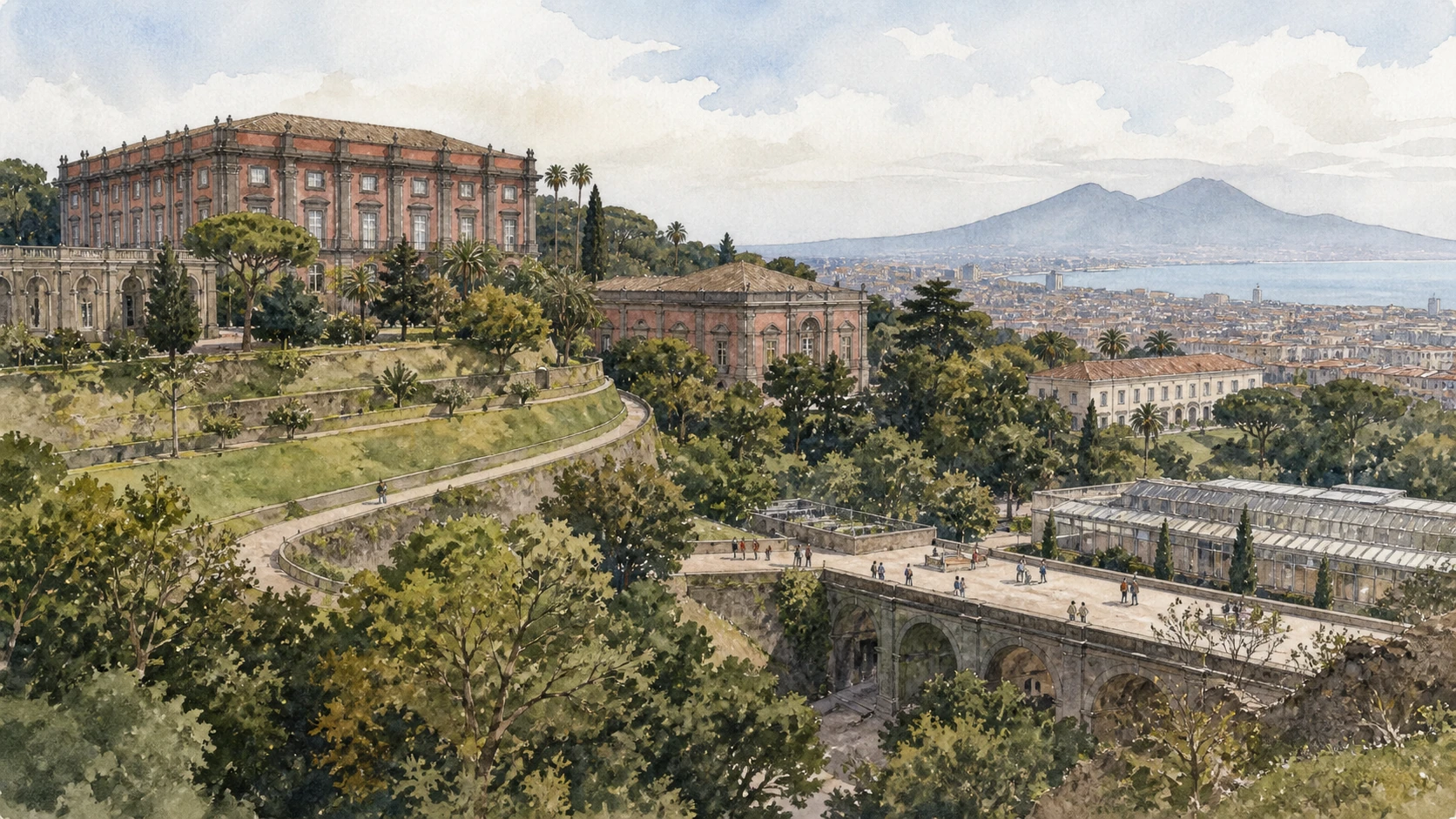 Original documentary watercolour panorama for Naples Capodimonte Museum, Royal Wood and Museum Hill: Complete Guide, with accurate Naples architecture and lived urban context