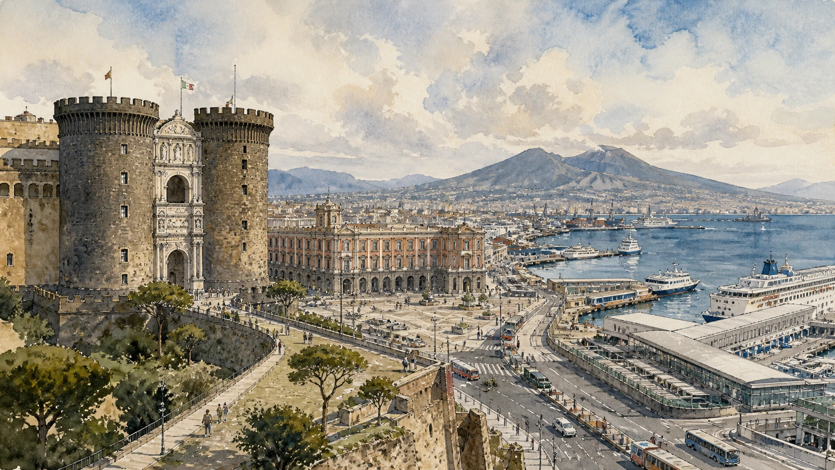 Original documentary watercolour panorama for Naples Castel Nuovo, Port and Maritime Government: Complete Guide, with accurate Naples architecture and lived urban context