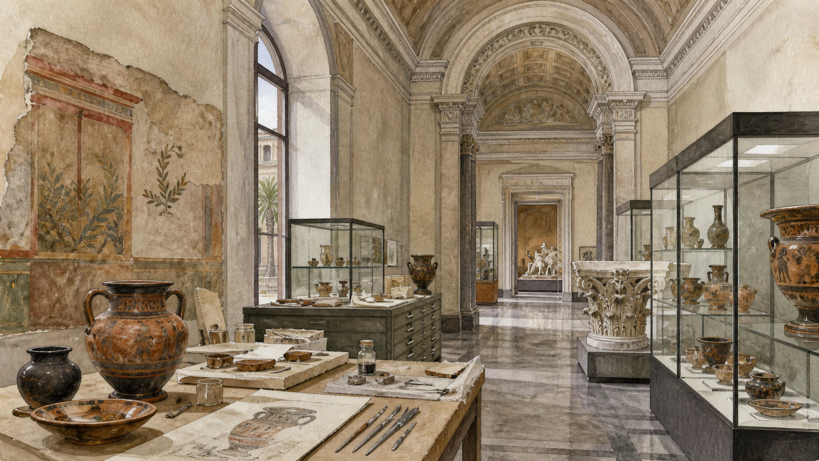 Original documentary watercolour panorama for Naples National Archaeological Museum and the Ancient Bay: Complete Guide, with accurate Naples architecture and lived urban context