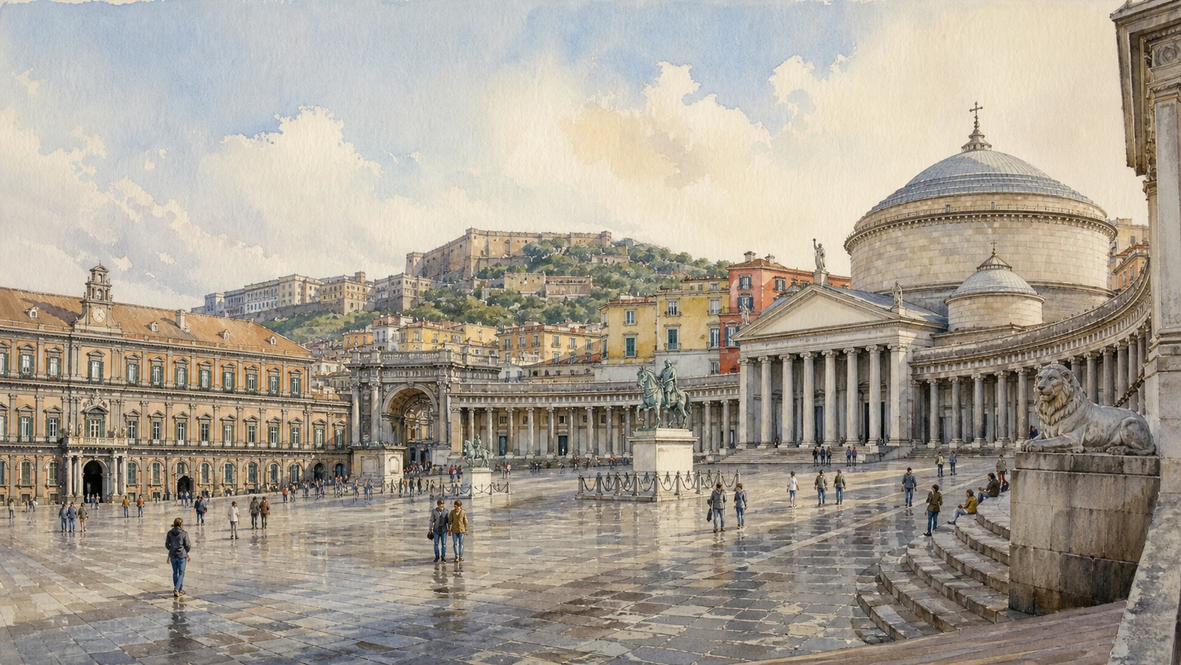 Original documentary watercolour panorama for Naples Piazza del Plebiscito, Royal Palace and San Carlo: Complete Guide, with accurate Naples architecture and lived urban context