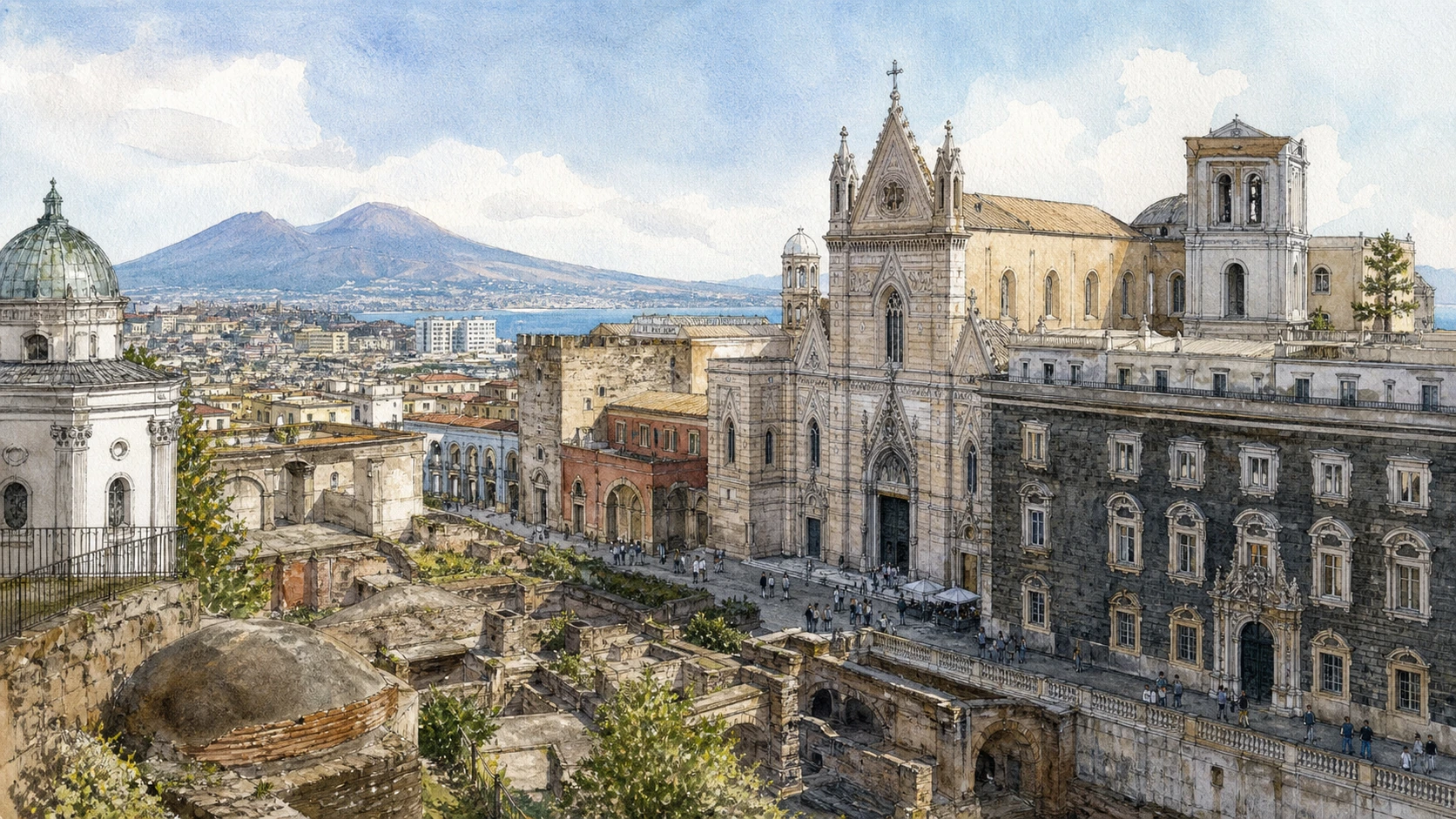 Original documentary watercolour panorama for Naples Cathedral, San Gennaro and the Sacred City: Complete Guide, with accurate Naples architecture and lived urban context