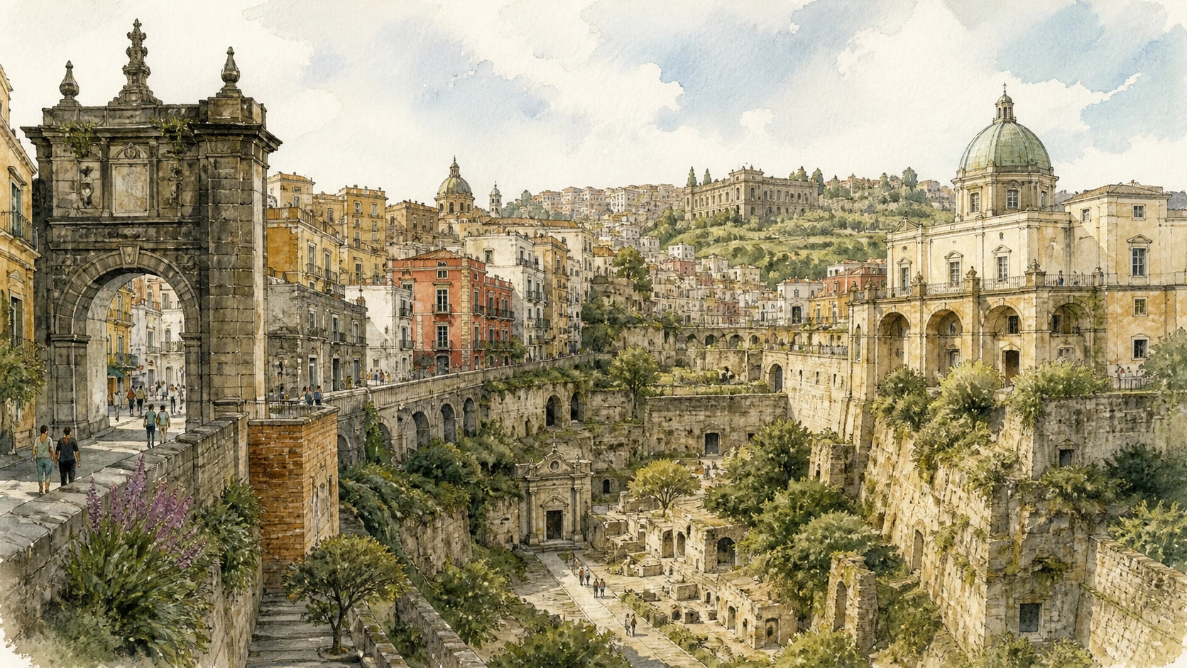 Original documentary watercolour panorama for Naples Rione Sanità, Catacombs and the Inhabited Tuff Landscape: Complete Guide, with accurate Naples architecture and lived urban context
