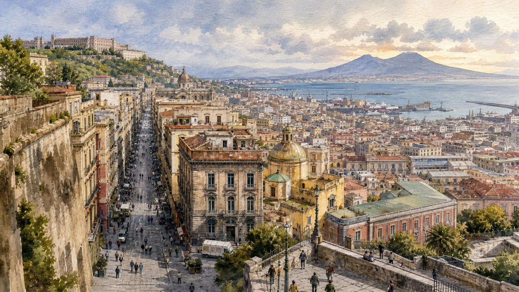Original documentary watercolour panorama for Naples Via Toledo, Quartieri Spagnoli and the Spanish City: Complete Guide, with accurate Naples architecture and lived urban context