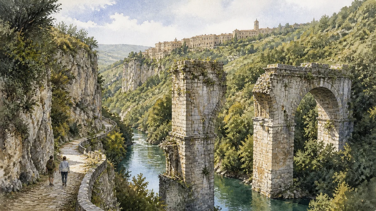 Original documentary watercolour showing Augustus Bridge and Nera Gorge in its Narni urban or landscape context