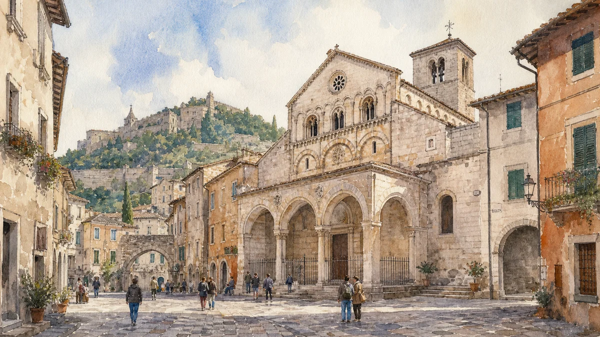 Original documentary watercolour showing Cathedral of San Giovenale in its Narni urban or landscape context