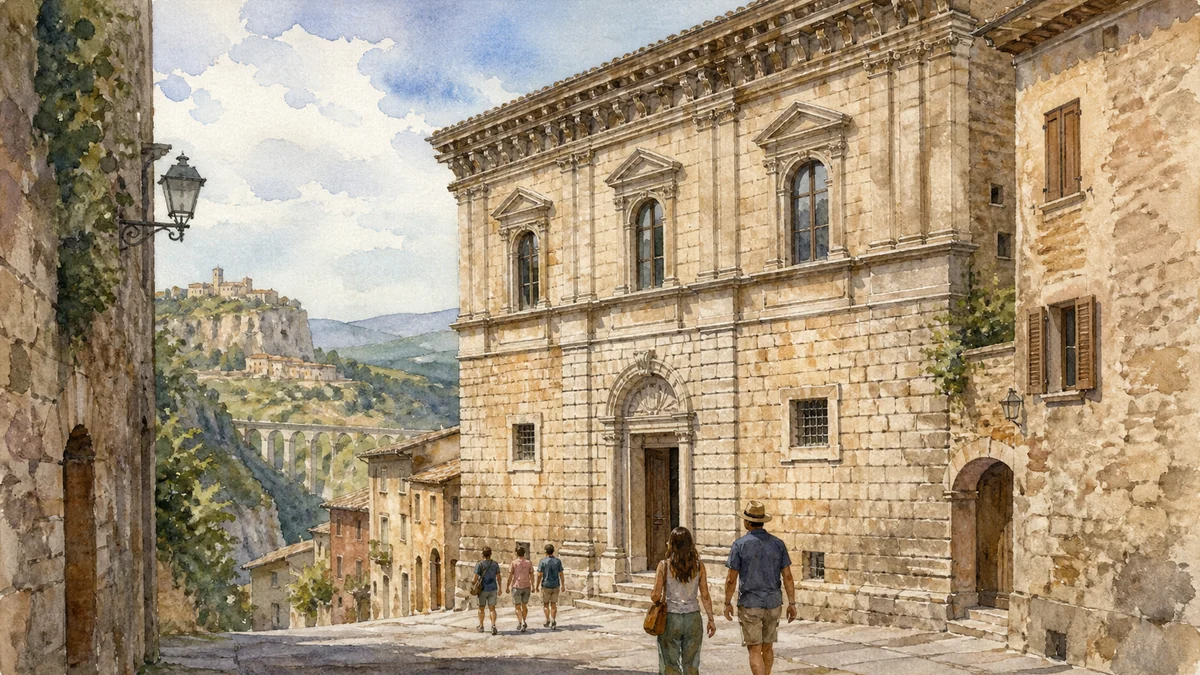 Original documentary watercolour showing Eroli Palace and Civic Museum in its Narni urban or landscape context