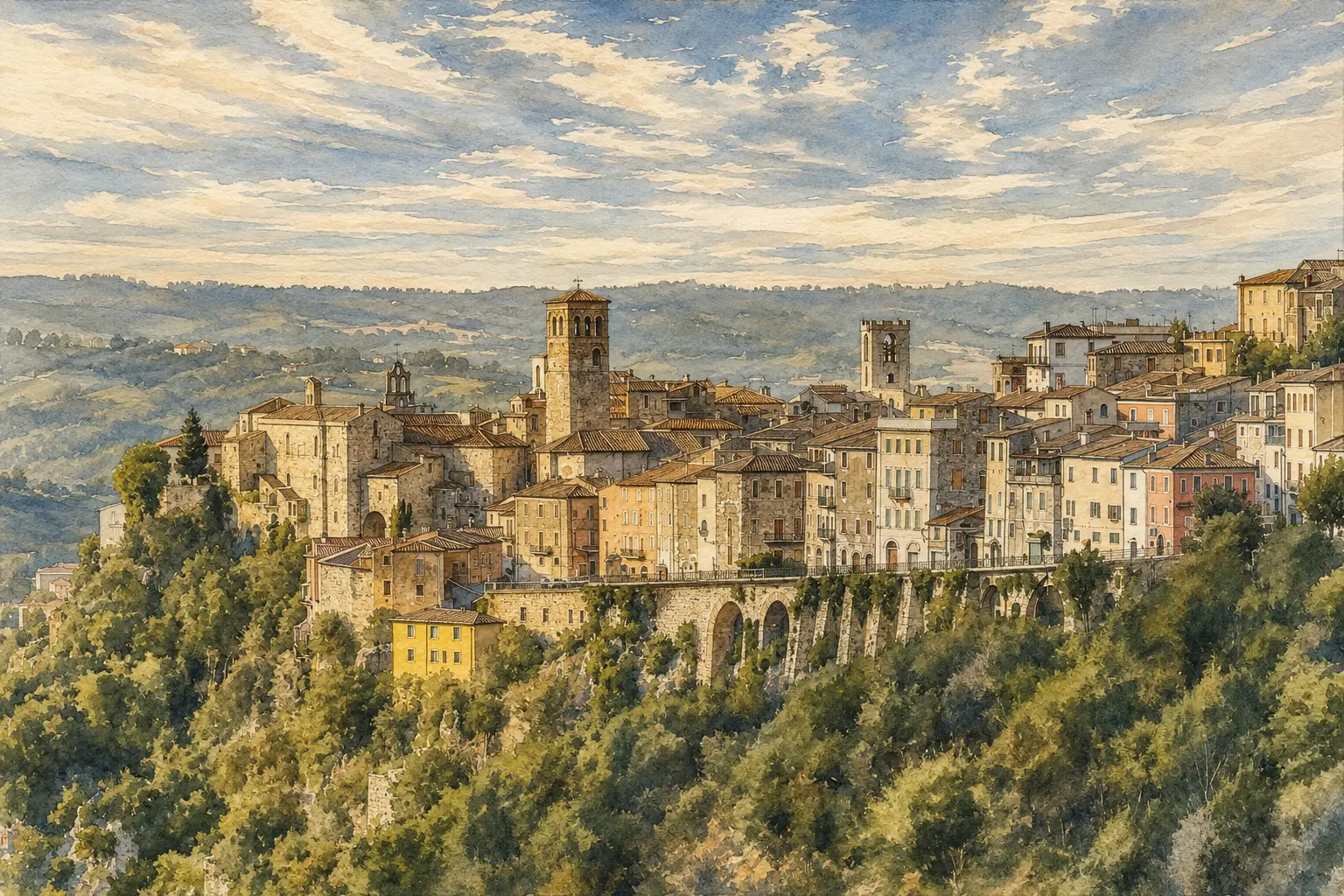 Documentary watercolour panorama of Narni on its limestone ridge above the Nera Gorge