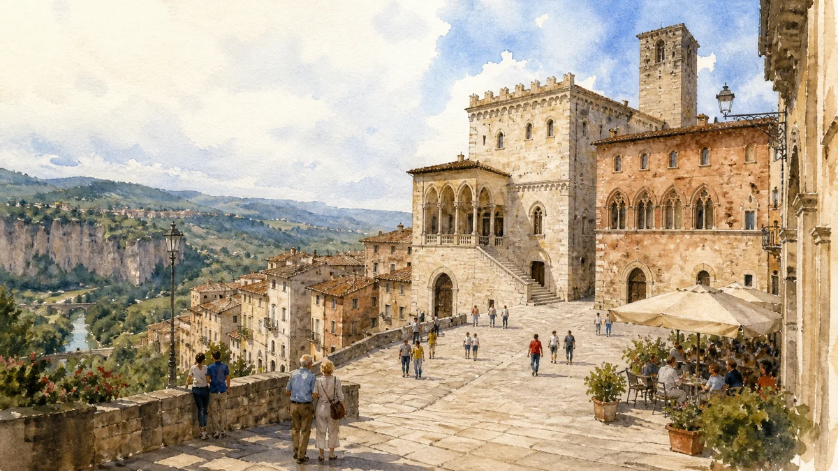 Original documentary watercolour showing Piazza dei Priori and civic palaces in its Narni urban or landscape context
