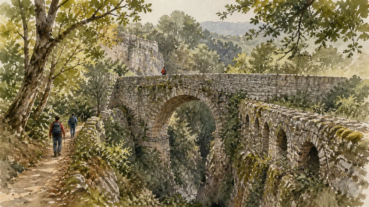 Original documentary watercolour showing Formina Aqueduct and Ponte Cardona in its Narni urban or landscape context